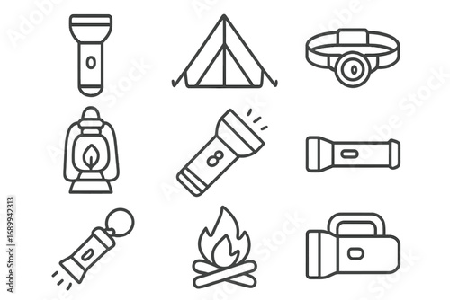 Camping Flashlight Lantern Line Icon Collection. Outline Vector Symbols for Outdoor Adventure, Hiking, Tent, Bonfire, Headlamp, Survival Gear, Tools, Graphic Web Design, Apps, Cards, Advertisements