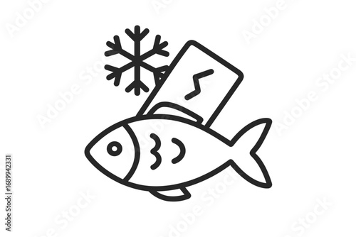 Frozen fish outline icon. Seafood product with snowflake. Vector for web, app, packaging. Concept: cold storage, fishing, grocery, market, healthy eating, seafood, diet, fresh food.