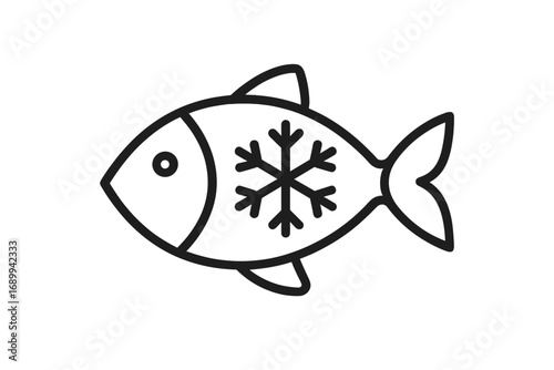 Frozen fish outline icon. Seafood, fishery or fish market linear symbol. Cold fresh food concept. Snowflake sign for freezing, supermarket packaging or menu. Vector illustration.