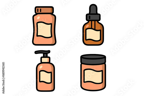 Cosmetic bottle icon set. Vector cartoon illustration of beauty product containers. Skincare package design with dropper for serum, pump for lotion, jar for cream. Mockup pack.