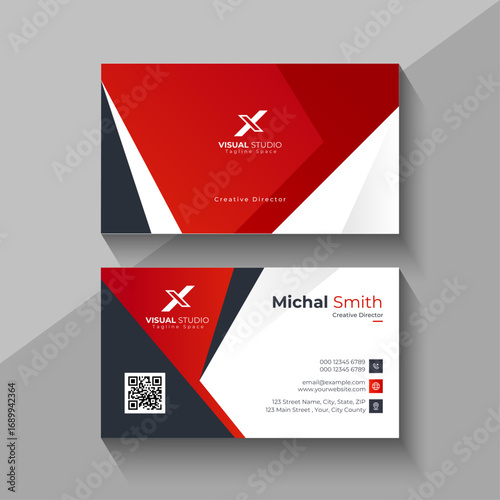 Modern red and white business card design with qr code