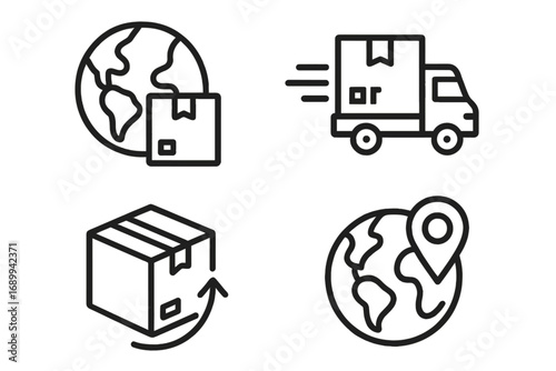 Global delivery and logistics icon set. Vector outline icons for worldwide shipping, transport, and cargo. Includes truck, globe, package, and location pin for modern design.