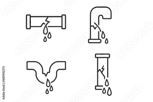 Broken pipe thin line icon set. Leaking water tube, pipeline damage and burst pipes pictogram. Dripping water, plumbing problems, leakage and water damage vector symbols.
