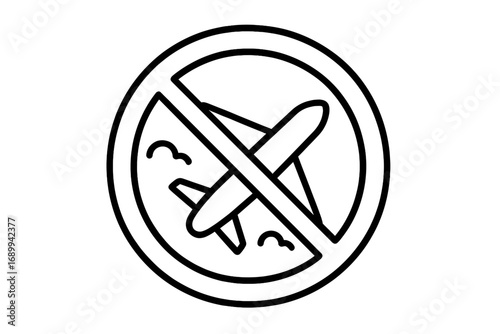 No flying prohibited sign. Flight ban, canceled travel concept. Airplane forbidden icon. Stop air travel. Restricted area pictogram for web, ui design, apps, and adverts.