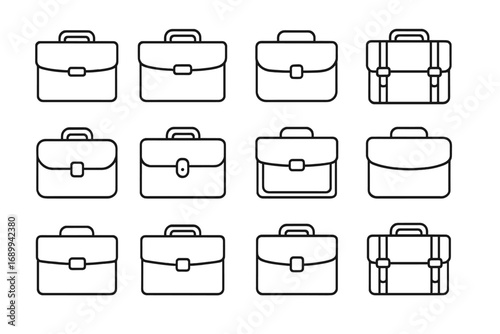 Business briefcase icon set, outline editable stroke, modern office suitcase collection, isolated vector illustration, professional tools for website, app, book, card design, transparent background