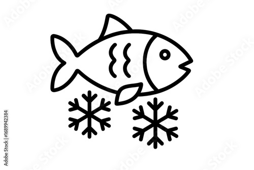 Frozen fish vector line icon. Seafood outline symbol for food packaging, grocery store, web, app. Freezer product sign. Fishery market, restaurant menu outline logo illustration.