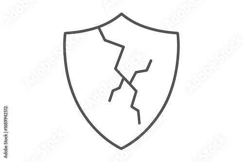 Cracked shield vector icon. Thin line illustration. Concept of broken defense, vulnerability, security failure. Damaged safety symbol. Metaphor for risk, weakness, and data breach.