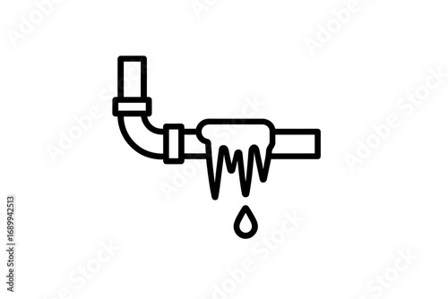 Frozen pipe icon. Burst water pipe with ice and dripping water. Plumbing problem concept. Winter damage, emergency repair symbol. Minimalist line art vector illustration.