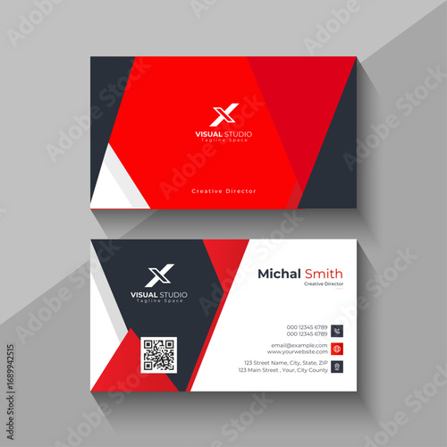 Modern red and black business card design with qr code