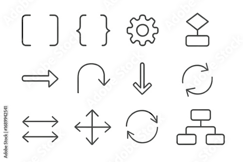 Thin line icon set with editable stroke. Vector collection of arrows, brackets, gear, and flowchart symbols. UI, UX elements for navigation, workflow process, and infographics.
