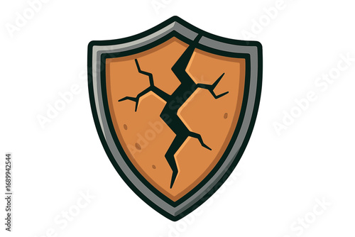 Cracked shield icon metaphor for vulnerability, risk, and data breach. Damaged protection and security symbol. Vector illustration for concepts of danger, weak defense, and loss.