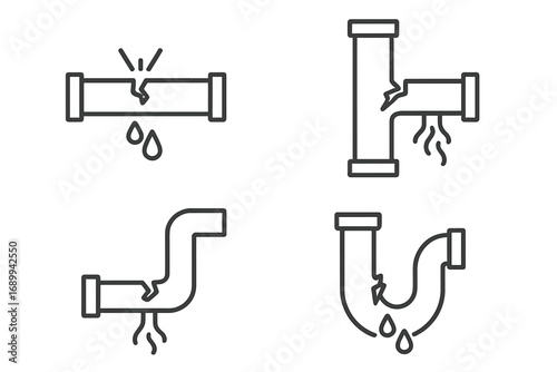 Broken pipe icon set. Vector line art illustration of leaking pipes, plumbing problems, and water damage. Concepts of burst pipeline, leakage, drip, and repair service.