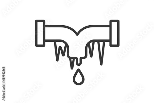 Frozen pipe icon. Winter plumbing problem, burst pipeline, and frost damage concept. Icicles on a cold water tube with a melting drop. Minimal outline vector illustration.