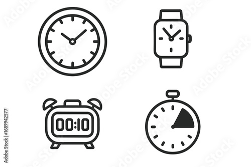 Time icon set with clock, smartwatch, alarm, and timer line icons. Vector symbols for web, UI UX design. Watch, stopwatch, chronometer pictogram. Deadline, schedule concept.
