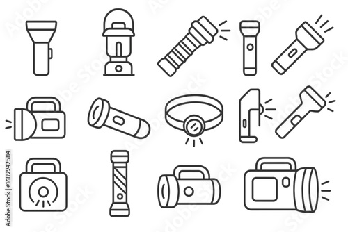 Camping flashlight vector icon set. Outline lantern, headlamp, torch, battery-powered lamp, emergency light. Outdoor and survival equipment illustration for web, app, advert, print, card design.