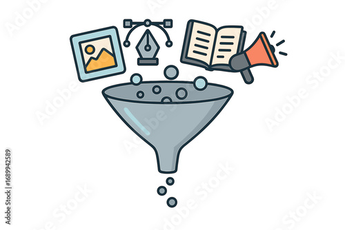 Marketing sales funnel concept with icons. Lead generation and conversion strategy. Business process for filtering data, content curation and customer acquisition analysis.