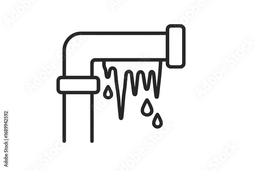 Frozen pipe icon. Burst pipe symbol. Winter plumbing problem concept. Water leak, damage, and repair. Icicles on a cold water pipe. Emergency household issue. Line art vector.
