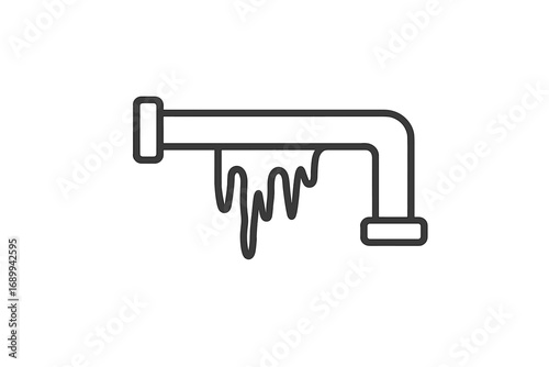 Frozen pipe icon. Winter plumbing problem concept. Cold weather, burst pipe risk, and emergency repair symbol. Water pipe with ice and icicles. Household damage vector line art.