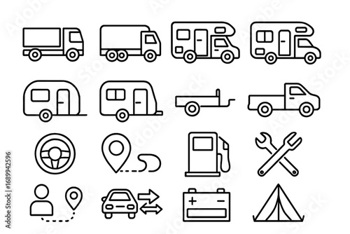 Truck, camper, RV, caravan, trailer, pickup, steering wheel, location, fuel pump, repair tools, tent, battery, travel and camping line icons vector set for web app design, map, advert concept