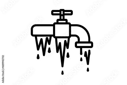 Frozen water pipe and faucet with icicles. Concept of plumbing problems in winter. Cold weather, burst pipe damage, and emergency repair. Freezing water and leak icon.