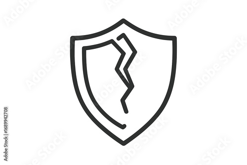 Broken shield icon concept of vulnerability and insecurity. Vector illustration of a cracked defense symbol. Metaphor for data breach, risk, failure, or unprotected system.