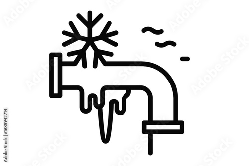Frozen pipe icon. Winter plumbing problem concept. Cold weather damage, burst pipe risk. Ice, snowflake, frost symbol. Outline vector illustration for heating, repair service.