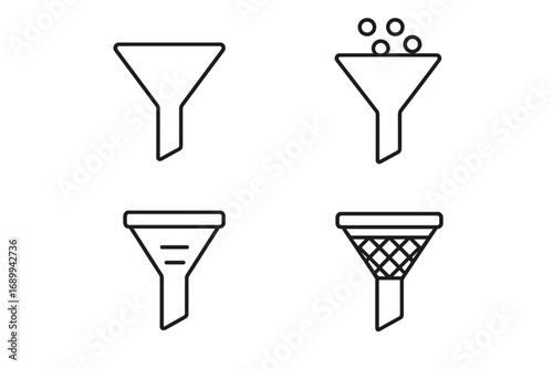 Funnel icon set for marketing and sales. Vector linear illustration of conversion or sales funnel, data filtering process, and lead generation pipeline. Editable stroke.