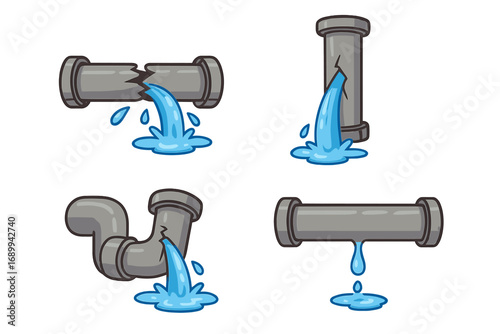 Set of broken pipes leaking water vector cartoon illustrations. Plumbing problems, burst pipe emergency, water damage and repair concept. Isolated collection for graphic design.