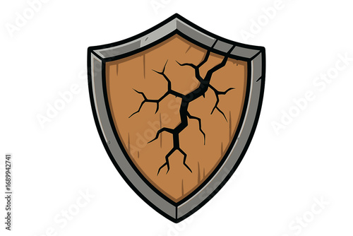 Cracked shield vector illustration. Broken wooden defense symbol. Concept of vulnerability, risk, failed security, data breach. Damaged protection icon. Defeat cartoon.