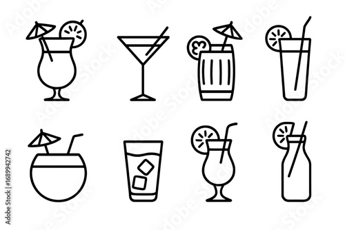 Cocktail line icon set. Summer drinks & party beverages collection. Vector symbols for bar menu. Martini, juice, pina colada, coconut. Minimalist outline art. Editable stroke.