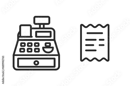Modern outline icons of cash register and receipt, vector illustration for finance, shopping, commerce, payment processing, POS system, cashier counter, business tools, retail design assets