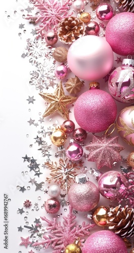Festive pink and gold Christmas decorations arranged vertically on a white background