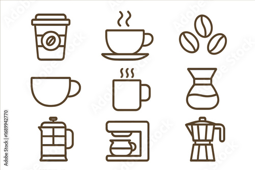 Coffee cups beans brewing equipment line icon set. Editable stroke vector illustration. Cafe mugs, takeaway cup, coffee maker, French press, Chemex, Moka pot, coffee beans icons collection