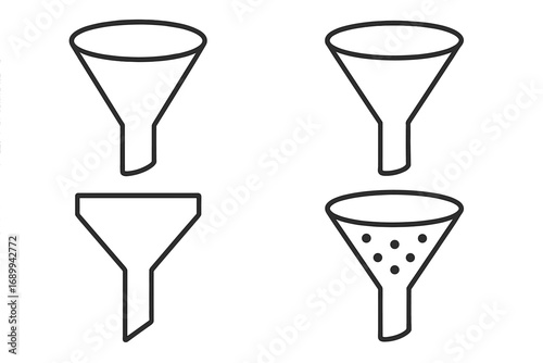 Sales funnel vector icon set. Marketing conversion process line art. Lead generation filter infographic element. Business data filtering simple outline symbols. Editable stroke.