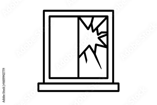 Broken window outline line icon. Shattered glass concept of vandalism, crime, and accident. Home property damage from disaster. House repair and insurance vector symbol.
