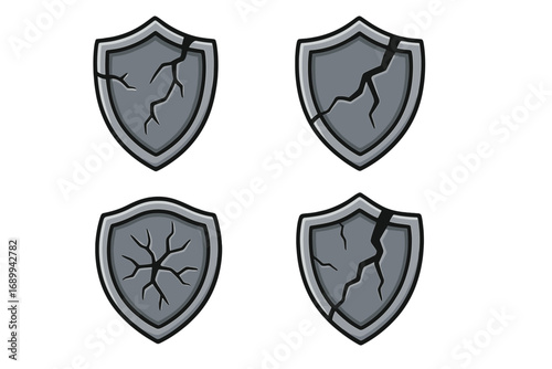 Cracked shield set vector cartoon illustration. Concept of broken protection, vulnerability, defeat, damage, and security breach. Stone defense icon pack for game UI, apps.