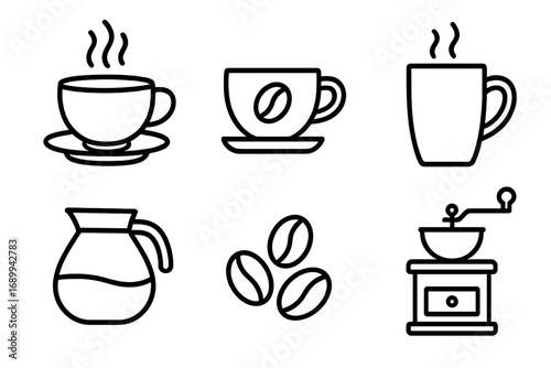 Coffee Cup and Beans Outline Icon Set. Editable Stroke Line Art Collection of Hot Beverage Mugs, Coffee Beans, Grinder, Pot. Perfect Vector for Infographics, Articles, Cafe Menus, Banners, Flyers