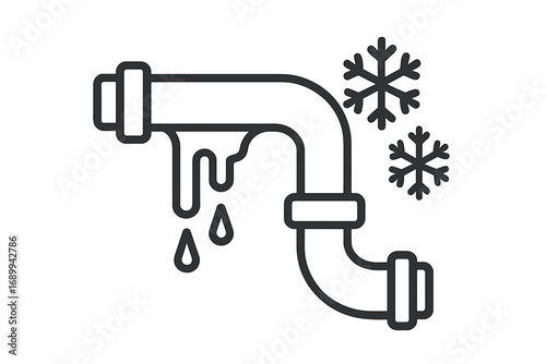 Frozen pipe burst icon. Water leak from pipeline with icicles and drips. Winter plumbing problem, cold weather damage, home emergency repair service concept. Vector outline symbol.