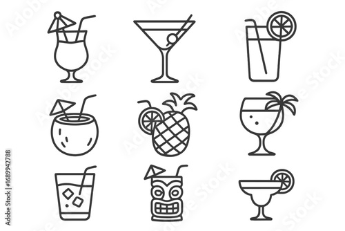 Cocktail line icon set. Tropical summer drinks. Alcohol beverage for beach party, bar menu. Vector symbols for margarita, mojito, pina colada, tiki glass, coconut, pineapple.