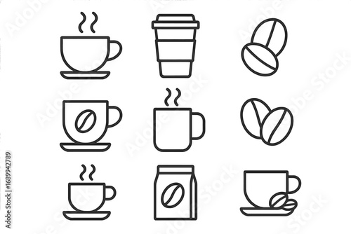 Coffee cup mug and bean line icon collection. Editable stroke vector set for cafe menu, infographics, articles, books, flyers, banners. Modern outline symbols for barista and coffee shop design