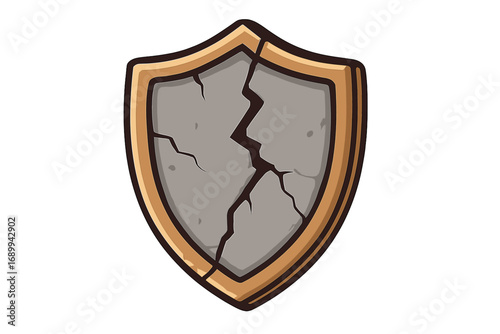 Cracked shield icon. Broken stone defense symbol. Metaphor for vulnerability, insecurity, risk, and data breach. Damaged protection sign. Defenseless, failure concept vector.