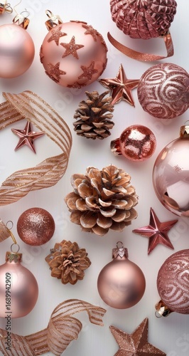 Festive, rose gold Christmas ornaments and pine cones on a white background