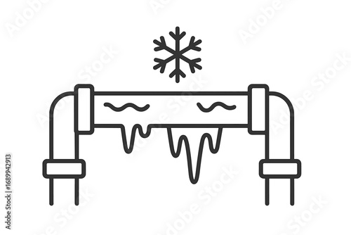 Frozen pipe with icicles and snowflake icon. Plumbing problem concept. Winter heating system failure, burst pipeline emergency. Water pipe freeze damage vector line art.