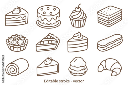 Cakes and pastries outline icon collection. Bakery dessert and sweet food line art set. Vector symbols for cake, pie, cupcake, croissant, eclair. Editable stroke graphics.