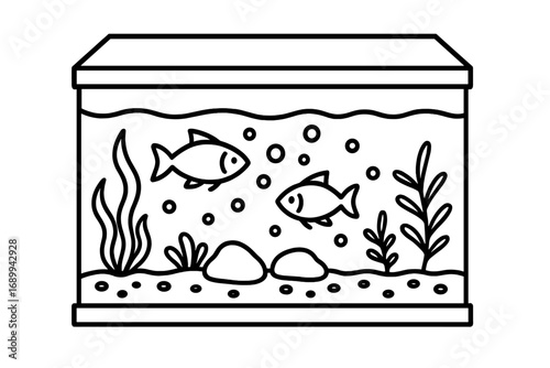 Aquarium line art icon. Fish tank with cartoon fish, aquatic plants, and bubbles. Underwater marine life concept. Simple black and white vector illustration for graphic design, apps, web.