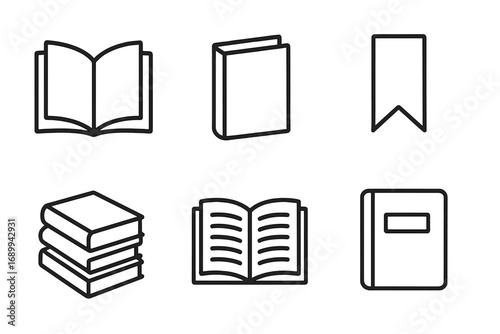 Book icons set vector outline. Open book, closed book, stack, bookmark, diary, reading concept. Education, literature, library, app symbol. Modern line design for web, mobile, print, advertising.