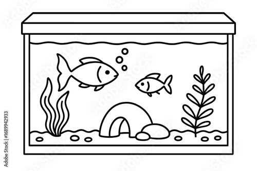 Aquarium linear vector icon. Fish tank graphic for apps. Simple black and white cartoon illustration. Outline of pet fish swimming underwater with seaweed, bubbles, and stones.