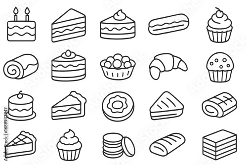 Cakes and pastries outline icon set. Bakery dessert food symbols. Vector line art collection: birthday cake, pie, cupcake, donut, croissant, muffin. Editable stroke illustration.