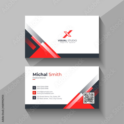 Modern professional business card design with red accents and qr code