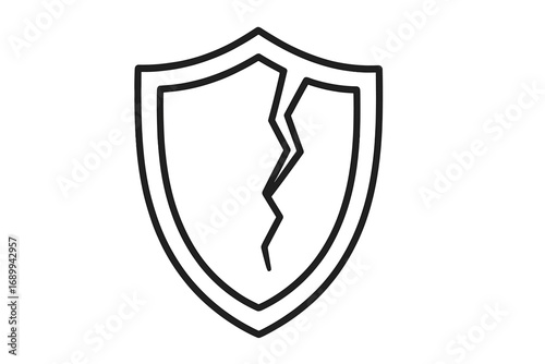 Broken shield icon. Cracked defense symbol. Metaphor for vulnerability, security breach, risk, failure and weakness. Unsafe, unprotected, and compromised system concept.